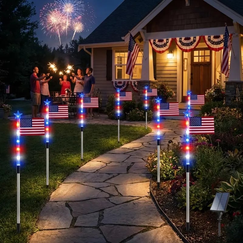 🎆US 8-in-1 Solar American Flag Lights – 8 Modes Patriotic Pathway Decor – IP65 Waterproof Garden Stakes for July 4th & Memorial Day ✨