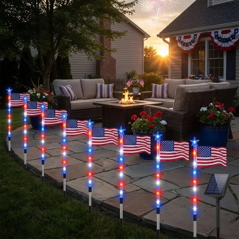 🎆US 8-in-1 Solar American Flag Lights – 8 Modes Patriotic Pathway Decor – IP65 Waterproof Garden Stakes for July 4th & Memorial Day ✨