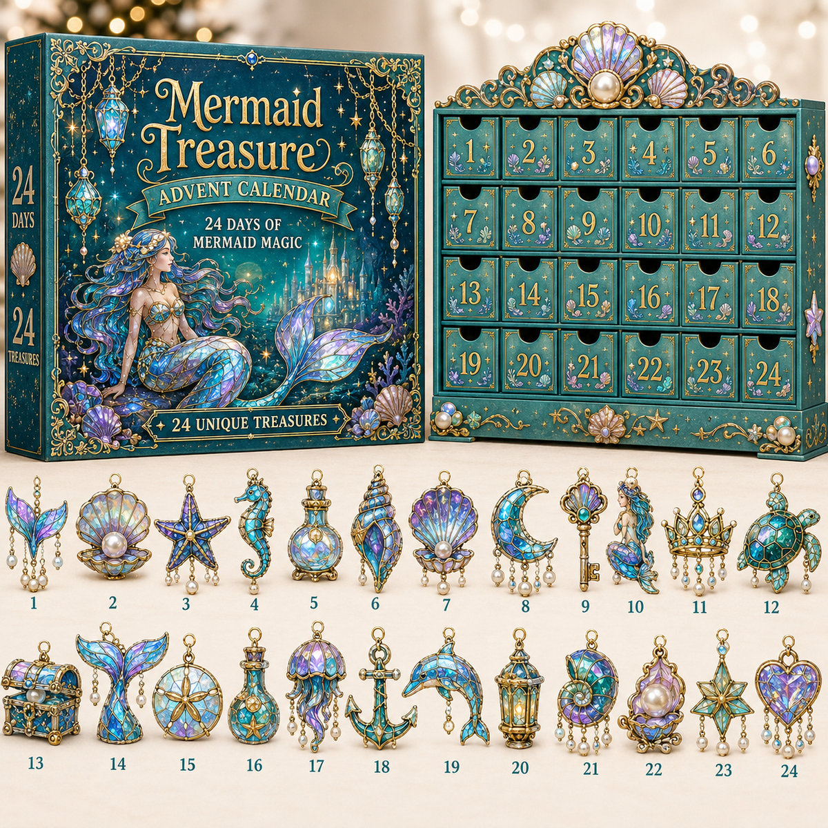 24 Days of Mermaid Treasure Advent Calendar – 24 Ocean Fantasy Collectible Hanging Ornaments