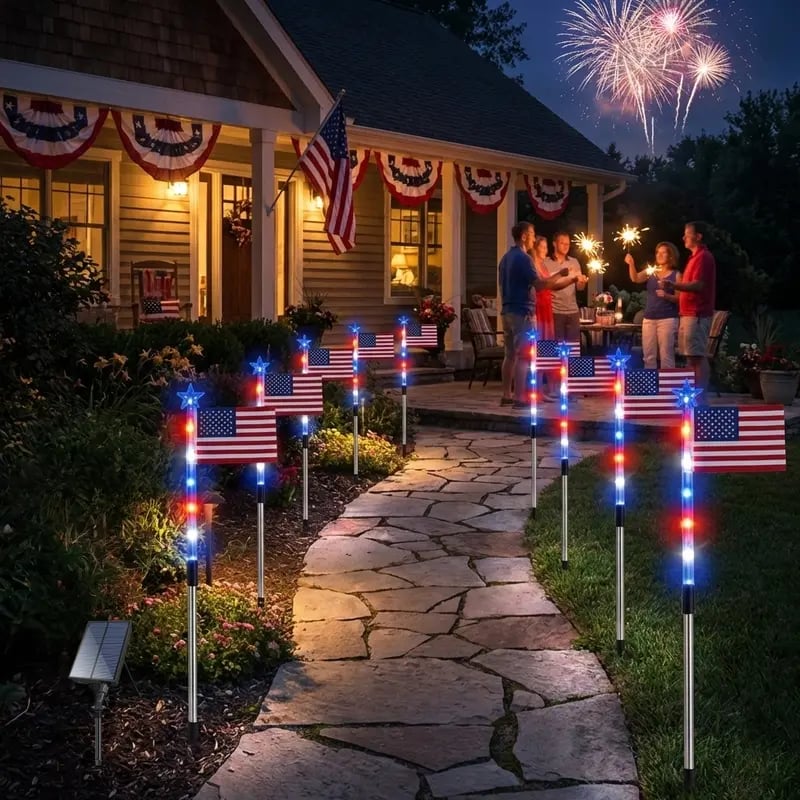 🎆US 8-in-1 Solar American Flag Lights – 8 Modes Patriotic Pathway Decor – IP65 Waterproof Garden Stakes for July 4th & Memorial Day ✨