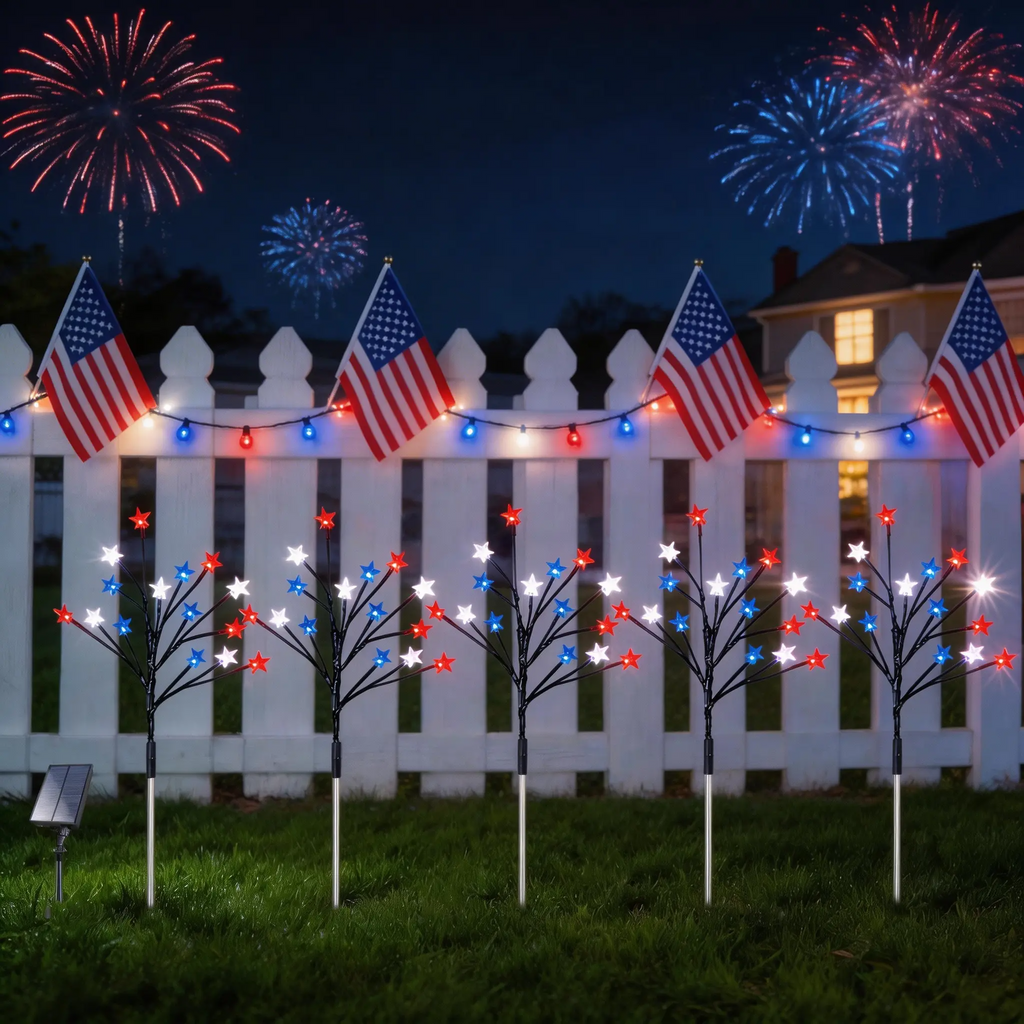 🎆US 8-in-1 Solar American Flag Lights – 8 Modes Patriotic Pathway Decor – IP65 Waterproof Garden Stakes for July 4th & Memorial Day ✨